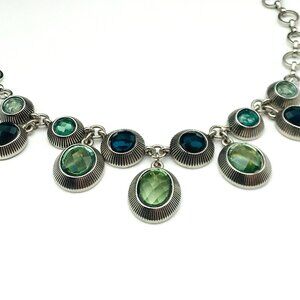 Silver Tone Chain Necklace With Green & Blue Gemstone Accents